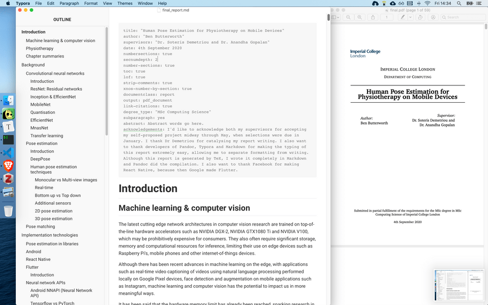 My text editor on the left, and the generated PDF on the right My text editor on the left, and the generated PDF on the right
