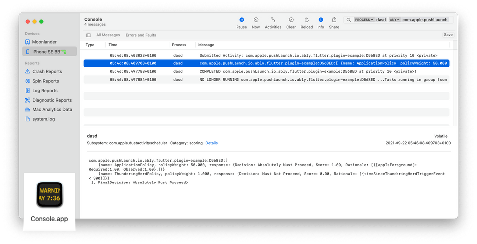 Console.app showing a successful push notification Console.app showing a successful push notification